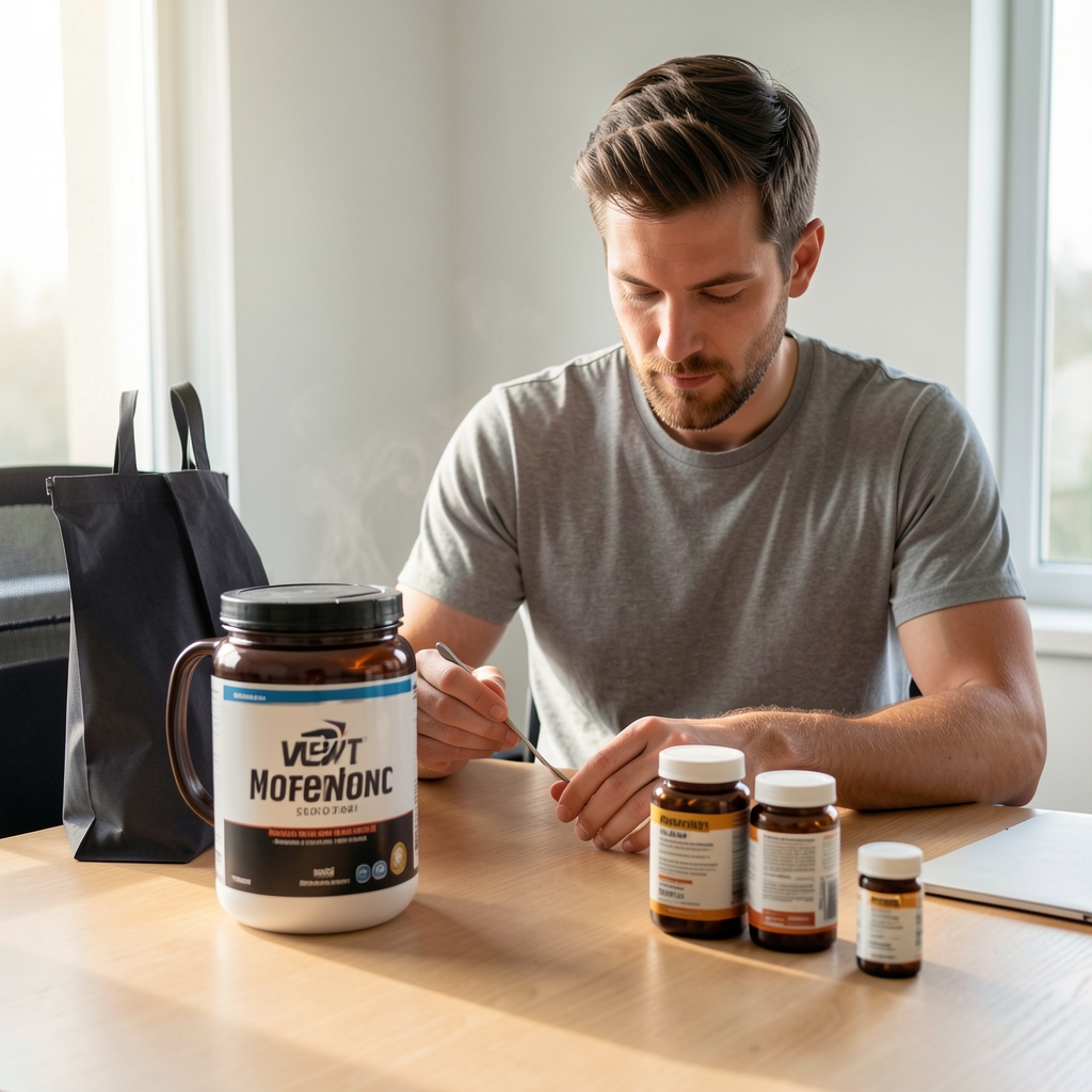 Man preparing his morning supplement routine on a clean wooden desk in natural early light, protein powder and vitamin containers arranged in a minimal composition